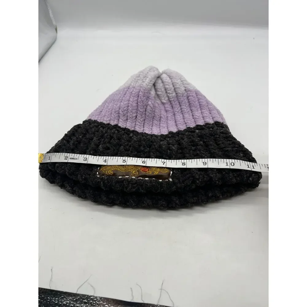 Chunky Chenille Knit Bohemian Embroidered Logo Ski Cap Beanie Hat Purple Large - Picture 6 of 7